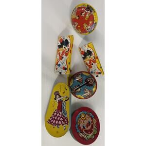 Lot of 6 Vintage Lithographed Party Noise Makers U.S Metal 1950s